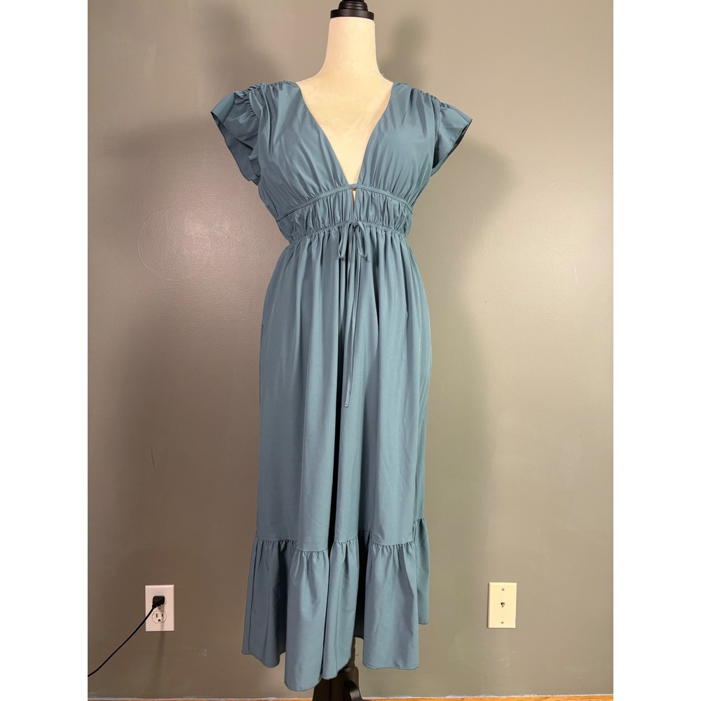Halara Breezeful Ruffle Midi Dress S Flutter Sleeve V-Neck Boho Tiered Light - Picture 2 of 11
